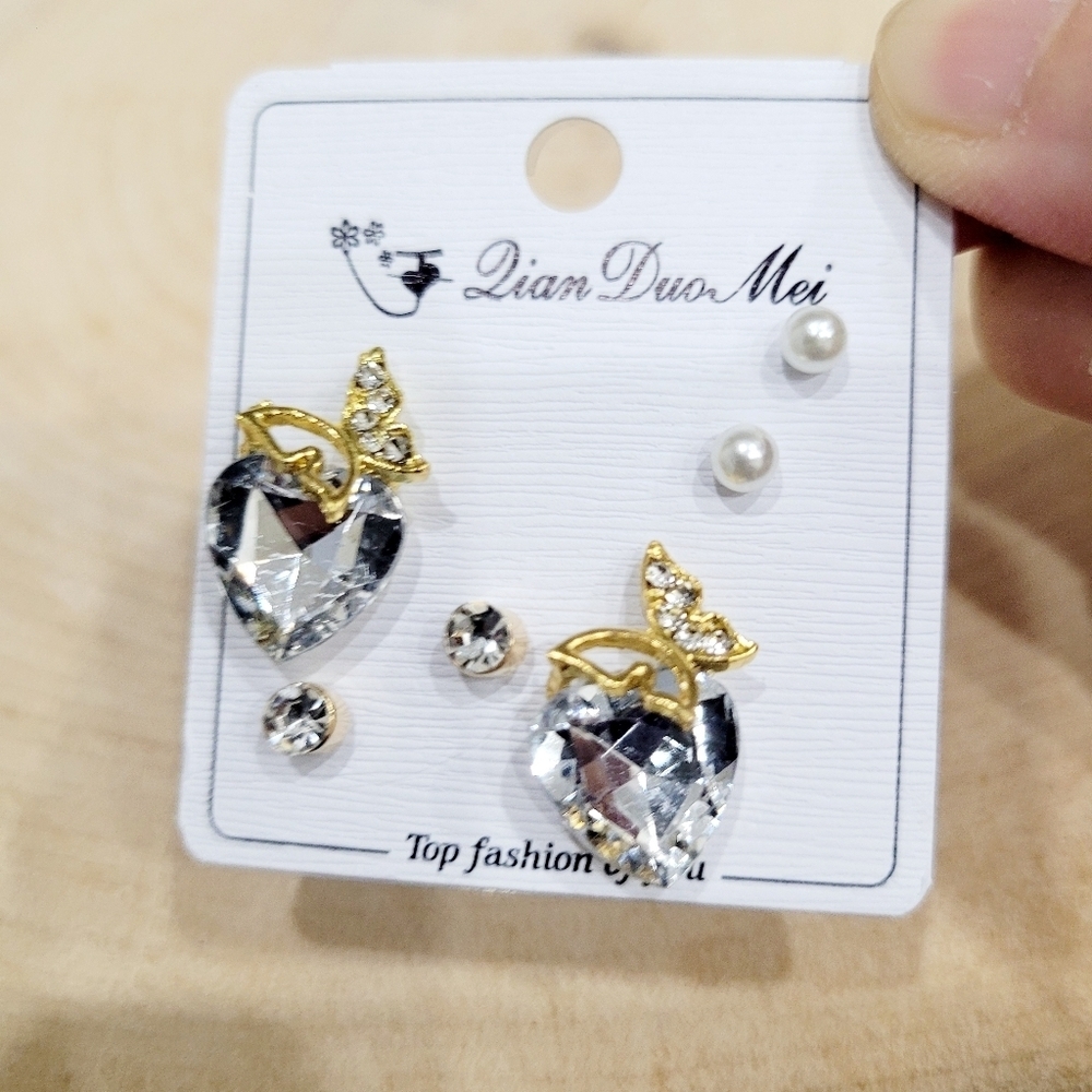 Brand New Set of 3 Gold Tone Butterfly Heart Rhinestone Earrings